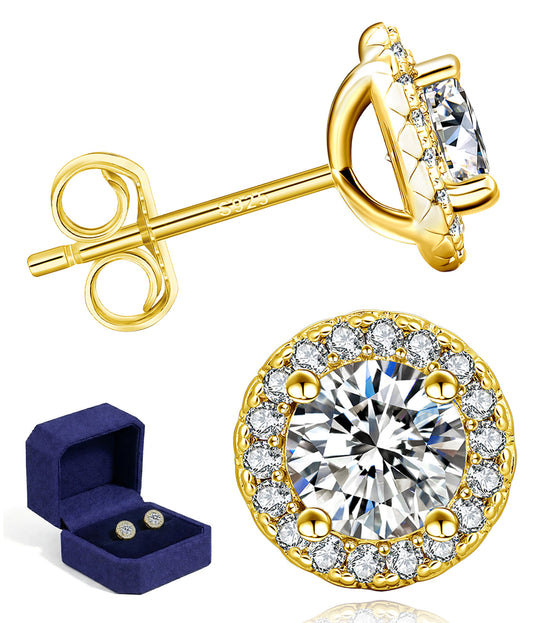 Vergoldete Moissanite Ohrstecker inkl. Schmuckbox 925 Sterlingsilber – GRA Echtheitszertifikat Hola Ohrringe Brillantschliff, Diamant Look, hypoallergen, eleganter Schmuck Damen
