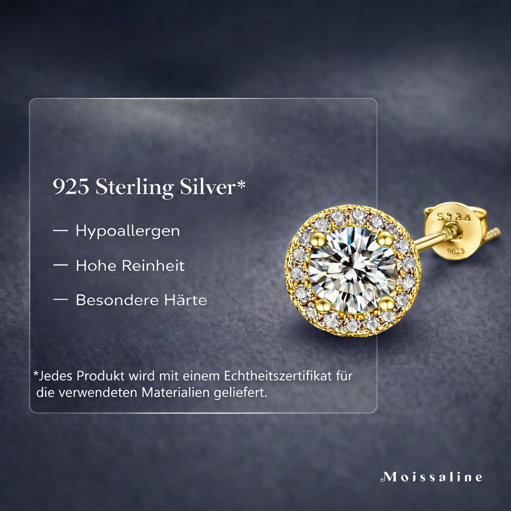 Vergoldete Moissanite Ohrstecker inkl. Schmuckbox 925 Sterlingsilber – GRA Echtheitszertifikat Hola Ohrringe Brillantschliff, Diamant Look, hypoallergen, eleganter Schmuck Damen