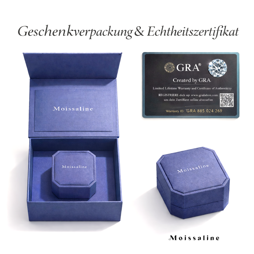 Halskette 925 Sterlingsilber Vergoldet Moissanite Diamant VVS D Brillantschliff, inkl. Schmuckschatulle & Geschenkbox 4er Krappenfassung 1,2mm Ankerkette 45+5 cm, Damen – GRA Zertifikat